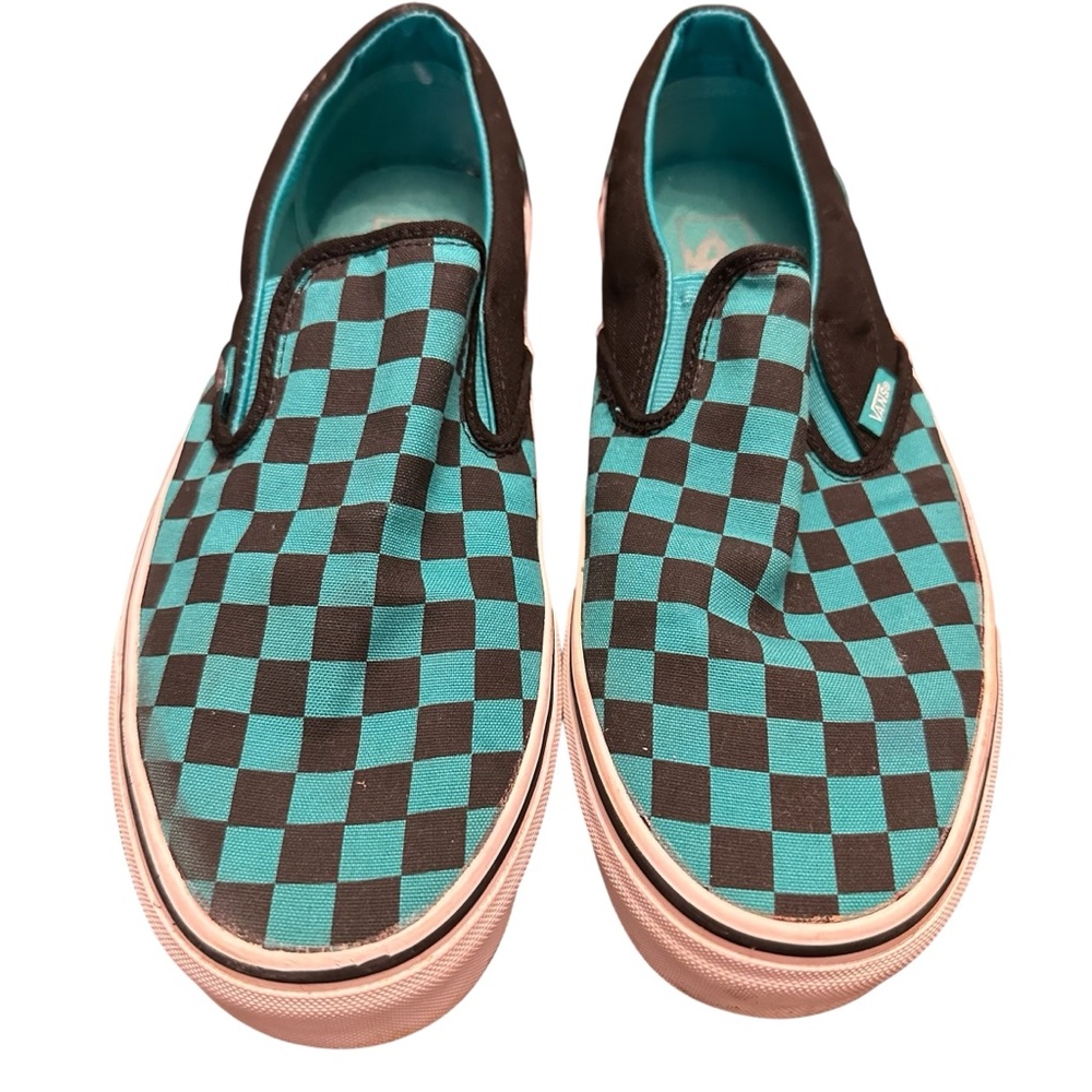 Vans Teal and Black Checkerboard Slip-Ons | Men 8.5 / Women 10
